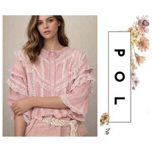 POL Pink Crochet Lace Oversized Boxy Cottagecore Romantic Victorian Blouse M